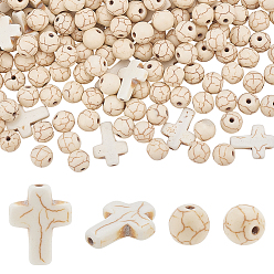 Желтая Старая Ткань  280 шт. 2 стили окрашенные синтетические бирюзовые бусины, круглый и крест, старое кружево, 8~15.5x8~12x4~8 мм