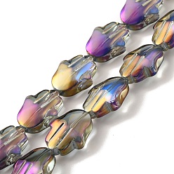 Purple Transparent Electroplate Glass Beads Strands, Half Rainbow Plated, Hamsa Hand, Purple, 17.8x13.5x7.5mm, Hole: 1.3mm, about 40pcs/strand, 27.95 inch(71cm)