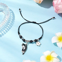 Lava Rock Natural Lava Rock Beads Braided Bead Bracelets, Cat & Clover, with Printed Alloy Pendants & Nylon Thread, Inner Diameter: 1 inch(2.5cm)