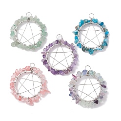 Платина Подвески из смешанной крошки драгоценных камней, обернутые медной проволокой, пентаграмма прелести, платина, 36~37x32~34x5~8 мм, отверстие : 4 мм