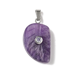 Аметист Резные подвески из натурального аметиста, подвески в виде листьев с 201 микрофиброй из нержавеющей стали и кубическими циркониями, цвет нержавеющей стали, 26x15x15.5 мм, отверстие : 5.3x3 мм