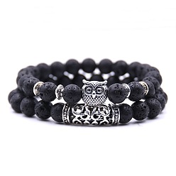 Lava Rock Natural Lava Rock Stretch Bracelets Set with Alloy Owl Beaded, Gemstone Jewelry for Women, 7-1/2 inch(19cm), 1Pc/style