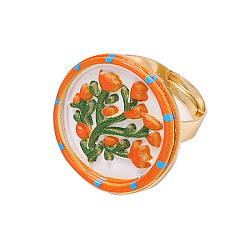 Flachrund Verstellbare Manschettenringe aus Zinklegierung mit Emailleblume, golden, dunkelorange, Flachrund, Innendurchmesser: 17.8 mm