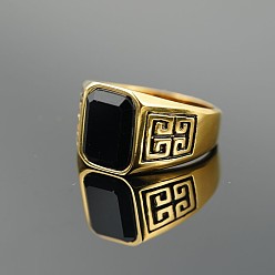 Золотой 304 Кольца из нержавеющей стали и обсидиана для мужчин, прямоугольные, золотые, размер США 8 (18.1 мм)