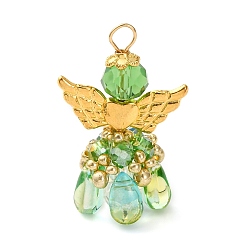 Светло-зеленый Стеклянные подвески, ангел, с 304 петлей из нержавеющей стали и крылом из сплава, граненые, светло-зеленый, 32.5x21.5x14.5 мм, отверстие : 3.5 мм