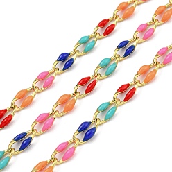 Разноцветный Ионное покрытие (IP) латунных цепей, кабельные цепи с эмалью, реальный 18 k позолоченный, пайки, с катушкой, Плоско-овальные, красочный, 8.5x4x2 мм, около 32.81 футов (10 м) / рулон