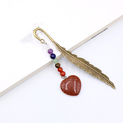 Goldstone Synthetic Goldstone Heart Pendant Bookmark, with 7 Natural Gemstone Round Beads, Feather Shape Alloy Bookmark, 120mm