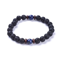 Ляпис-Лазурь Эластичные браслеты из бусин из натуральной лавы, с натуральными бусинами лазурита(окрашенными) и деревянными бусинами, 2-1/8 дюйм (5.5 см)