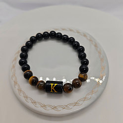 Letter K Браслеты из натурального тигрового глаза и черного обсидиана с круглыми бусинами, колонка с буквой украшения для женщин мужчин, Письмо K, 7-1/8 дюйм (18 см)