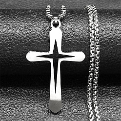 Нержавеющая Сталь Цвет 201 из нержавеющей стали крест кулон ожерелья, ожерелья из коробчатых цепочек для женщин и мужчин, цвет нержавеющей стали, 23.66 дюйм (60.1 см)