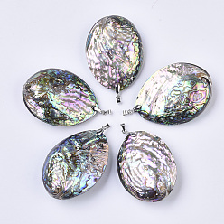 Colorful Double-Sided Natural Abalone Shell/Paua Shell Pendants, with Platinum Plated Random Brass Pendant Bails, Oval, Colorful, 55~59x41.5~43.5x19~22mm, Hole: 5x3~4mm