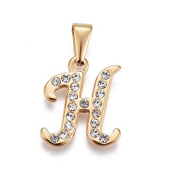 Letter H 304 Stainless Steel Pendants, with Rhinestone, Letter, Letter.H, 19x16.5x2mm, Hole: 3~3.5x7.5~8mm