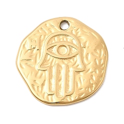 Золотой Текстурированные 304 подвески из нержавеющей стали, плоский круг с рукой хамса и сглазом, ионное покрытие (ip), золотые, 18.5x18.5x1.5 мм, отверстие : 1.6 мм