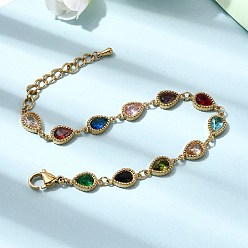Teardrop 304 женские браслеты-цепочки со звеньями из нержавеющей стали, со стеклянными стразами, золотые, слеза, 6-1/2 дюйм (16.5 см)