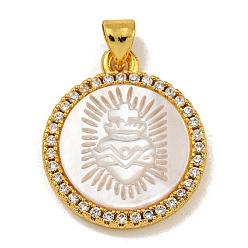 Crown Покрытие стойки латунь микро паве прозрачный кубический цирконий плоские круглые подвески, резные подвески из натуральных белых ракушек, золотые, корона, 22.5x19x3.5 мм, отверстие : 5 мм