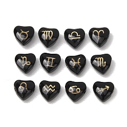 Schwarz 12pcs 12 style handgemachte Lampwork Perlen, Herz mit Gold zwölf Tierkreiszeichen, mit Epoxidharz, Schwarz, 7.5x7.5x4.5 mm, Bohrung: 1 mm, über 1Stk/Stil