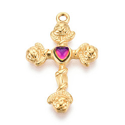 Средний Фиолетово-красный 304 подвески из нержавеющей стали, сердце и крест, со стеклом, реальный 18 k позолоченный, ионное покрытие (ip), средне фиолетовый красный, 30.5x20x4 мм, отверстие : 1.4~1.8 мм