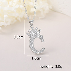 Letter C Хип-хоп латунные микропаве кубические цирконии корона инициал подвеска ожерелья, 304 ожерелья из нержавеющей стали с цепочкой для женщин, платина, буква С, 15.75 дюйм (40 см)