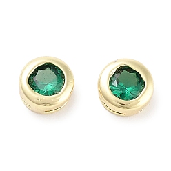 Green Brass with Single Cubic Zirconia Slide Charms, Flat Round, Real 18K Gold Plated, Green, 5.5x3.5mm, Hole: 3x0.6mm