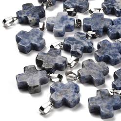 (306FM) Жонкиль матовый с лаймовой подкладкой Натуральные синие пятна яшмы подвески, из нержавеющей стали с цветным покрытием 201 защелки из нержавеющей стали на дужках, крестик, 23~24x20x6 мм, отверстие : 7x4.5 мм