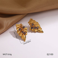 Purple 304 Stainless Steel Glass Stud Earrings, Leaf, Golden, Purple, 30x19mm
