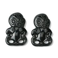 Obsidian Natural Obsidian Big Pendants, Monkey, 50~51x31~31.5x7~9mm, Hole: 1.6~1.8mm