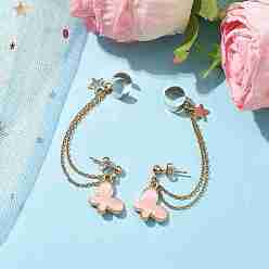 Misty Rose Light Gold 304 Stainless Steel Cuff Earring Chains, Star & Butterfly Alloy Enamel Dangle Stud Earrings Crawler Earrings, Misty Rose, 77mm