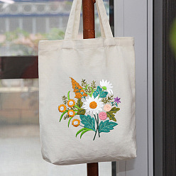 White DIY Flower Pattern Tote Bag Embroidery Kit, including Embroidery Needles & Thread, Cotton Fabric, Plastic Embroidery Hoop, White, 390x340mm