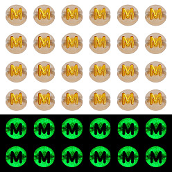 Letter M 50G Luminous Transparent Acrylic Beads, Flat Round with Letter, Glow in the Dark, Golden Metal Enlaced, Letter M, 7x4mm, Hole: 1.8mm, about 370pcs/50g