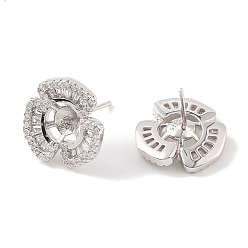 Real Platinum Plated 925 Sterling Silver Micro Pave Cubic Zirconia Earring Settings Findings, for Half Drilled Beads, Clover, Real Platinum Plated, 15x15mm, Pin: 0.8mm