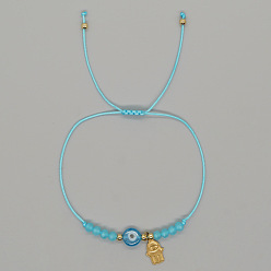 Небесно-голубой Латунные браслеты с подвесками в виде хамсы, Браслеты из плетеных бусин от сглаза из стекла и смолы для женщин, голубой, внутренний диаметр: 11 дюйм (28 см)