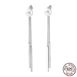 Platinum Rhodium Plated 925 Sterling Silver Tassel Earrings, Dangle Stud Earrings with Natural Pearl Beads, with S925 Stamp, Platinum, 75x8.5mm