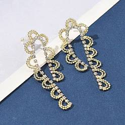 Золотой Серьги-гвоздики из латуни со стразами, шнурок, золотые, 48x17.5 мм