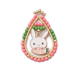 Pink Пасхальная тематика стеклянные бусины каплевидной формы с подвесками в виде кроликов, Подвески из эмали и сплава, с золотыми 201 соединительными кольцами из нержавеющей стали, розовые, 31x21x2 мм, отверстие : 1.8 мм