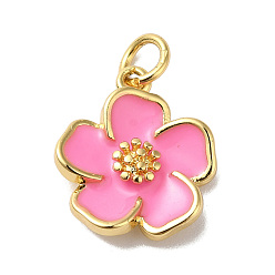 Rose Nacré Charmes d'émail de laiton de placage de support, sans plomb et sans cadmium, avec anneau de saut, réel 18 k plaqué or, plaqué longue durée, charme de fleur, perle rose, 15x13x3.5mm