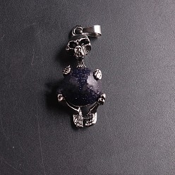 Blue Goldstone Synthetic Blue Goldstone Sphere Ball Pendants, Halloween Skeleton Metal Charms, Platinum, 16mm