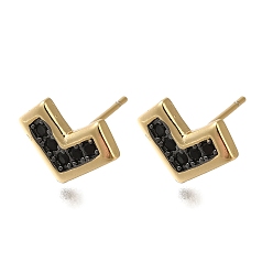 Real 18K Gold Plated Rack Plating Brass Micro Pave Cubic Zirconia Stud Earring, Long-Lasting Plated, Cadmium Free & Lead Free, Heart, Black, Real 18K Gold Plated, 9x13mm