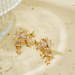 Золотой Серьги-гвоздики с кисточками из прозрачного кубического циркония из латуни, золотые, 28x18 мм