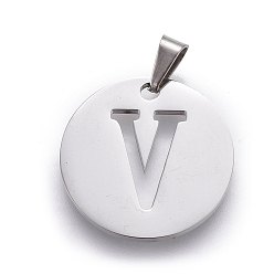 Letter V Anlaufgeschützt 201 Anhänger aus Edelstahl, flach rund mit Brief, Edelstahl Farbe, Schreiben v, 20x1.3 mm, Bohrung: 4x3 mm