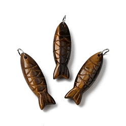 Тигровый глаз Подвески из натурального тигрового глаза с резьбой по рыбе, рыбы прелести, с 304 кольцами из нержавеющей стали, цвет нержавеющей стали, 33.5~34.5x10.5x7~7.5 мм, отверстие : 7 мм