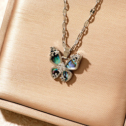 Серебро Модные латунные ожерелья с подвеской в виде бабочки из прозрачного кубического циркония, с Пауа оболочке, серебряные, 15.75 дюйм (40 см)