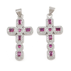 Rose Foncé Micro cuivres ouvrent pendentifs zircone cubique, breloques en forme de croix octogonale, sans cadmium et sans plomb, platine, rose foncé, 32x17.5x4mm, Trou: 5x3mm