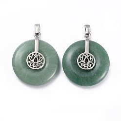 Зеленый Авантюрин Естественный зеленый авантюрин подвески, с латунной фурнитурой платинового цвета, пончик / пи диск с лотосом, 35.5x30x8.5~9.5 мм, отверстие : 4.5x6.5 мм