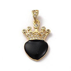Black Brass Cubic Zirconia Pendants, with Enamel & Snap on Bail, Real 18K Gold Plated, Long-Lasting Plated, Lead Free & Cadmium Free, Heart & Crown, Black, 25x14.5x4mm, Snap on Bail: 3.5x7mm, Inner Diameter: 2.5x4mm