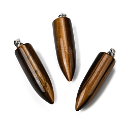 Тигровый глаз Естественно тигровый глаз отметил кулоны, Подвески в форме пули с 304 защелкивающимися креплениями из нержавеющей стали, цвет нержавеющей стали, 45x11.5~12 мм, отверстие : 7x4 мм