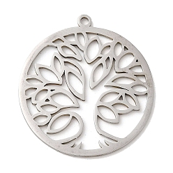 Stainless Steel Color Non-Tarnish 201 Stainless Steel Pendants, Flat Round with Tree, Stainless Steel Color, 27.5x25x1mm, Hole: 1.5mm