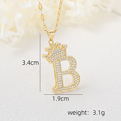 Letter B Хип-хоп латунные микропаве кубические цирконии корона инициал подвеска ожерелья, 304 ожерелья из нержавеющей стали с цепочкой для женщин, золотые, В письме, 15.75 дюйм (40 см)