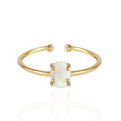 Golden Opalite Cuff Rings, Open Rings, with Brass Findings, Lead Free & Cadmium Free, Real 18K Gold Plated, US Size 7 1/4(17.5mm)