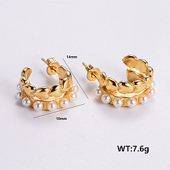 Golden 316 Surgical Stainless Steel Stud Earrings for Women, with Imitation Pearl, Golden, 19x14mm