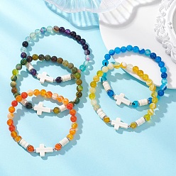 Смешанные камни Эластичные браслеты с бусинами и драгоценными камнями для женщин и мужчин, крест и круглый, бусины : 6.5 мм, внутренний диаметр: 2.24~2.46 дюйм (5.7~6.25 см)